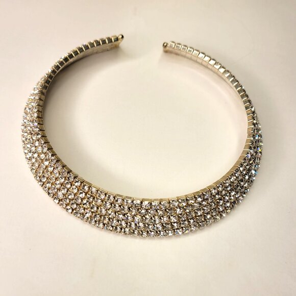 Clear Rhinestone Wide Choker Silver Tone Collar Necklace - Picture 2 of 13